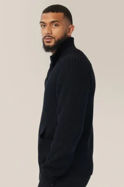 Cheap Good Man Brand Chunky Knit Zip Up Sweater | Organic Cotton Black