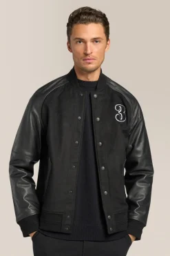 New Good Man Brand Varsity Jacket | Wool Blend & Leather Black