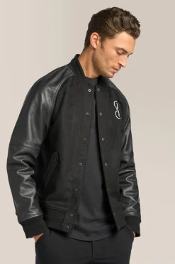 New Good Man Brand Varsity Jacket | Wool Blend & Leather Black