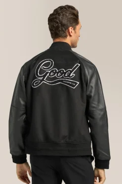 New Good Man Brand Varsity Jacket | Wool Blend & Leather Black