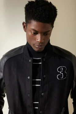 New Good Man Brand Varsity Jacket | Wool Blend & Leather Black