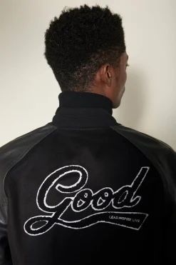 New Good Man Brand Varsity Jacket | Wool Blend & Leather Black